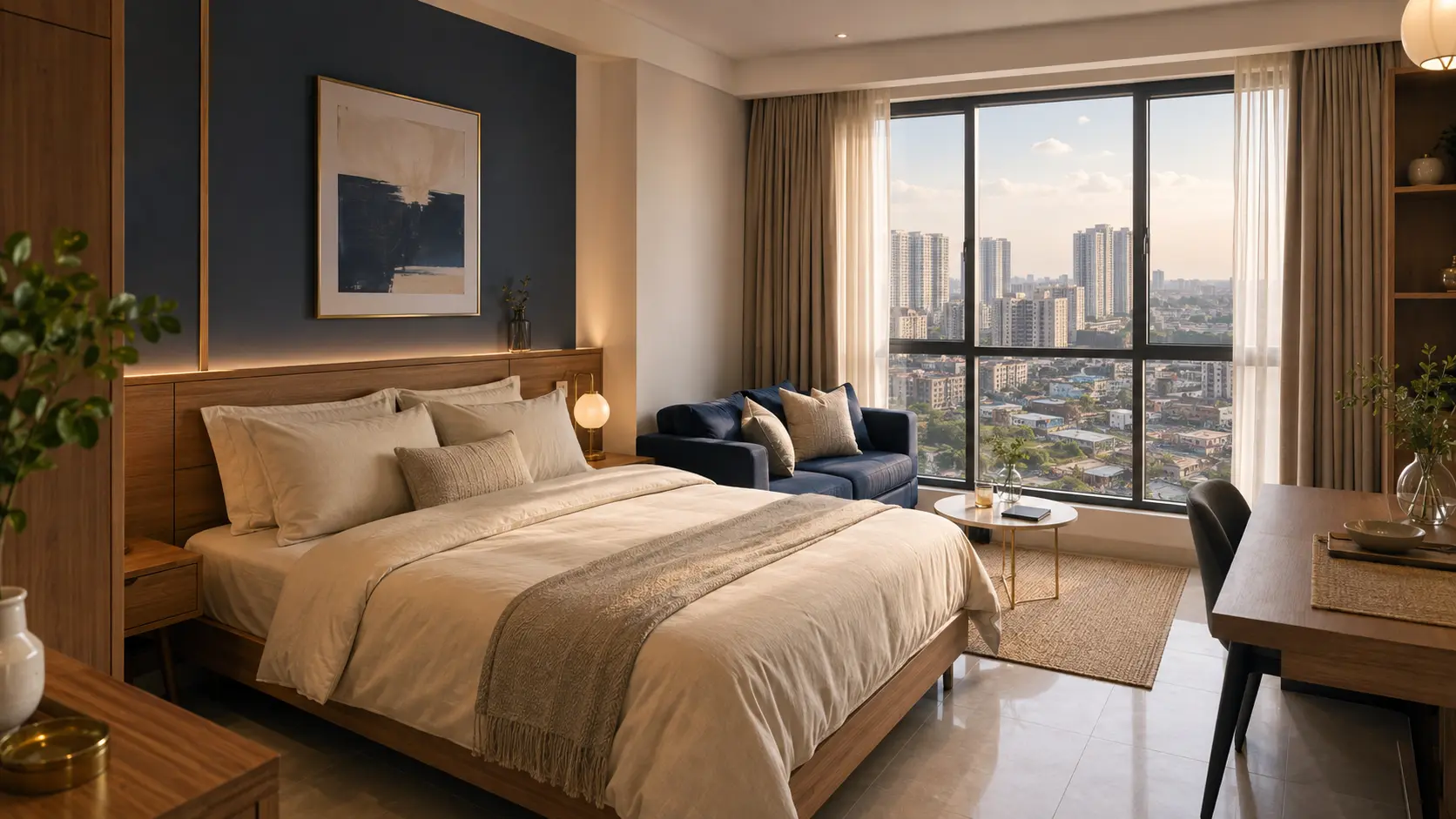 concept visual of a premium furnished studio bedroom with city view